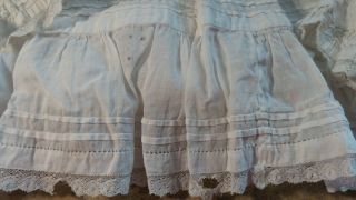Antique WHITE LACE Pin TUCKS & RUFFLED German OR FRENCH DOLL DRESS 5