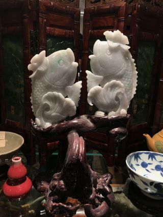 Vintage Chinese Carved Natural Jadeite Jade Fish Figurine Statue
