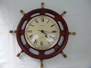 Vintage Shortland Bowen Nautical Ship Weel Wood Brass Wall Clock Quartz Roman