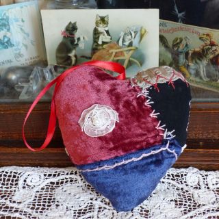 Antique Crazy Quilt Heart Sachet Pillow,  Lavender,  D
