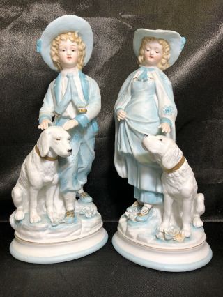 Vintage Matching Bisque Figurines Boy & Girl With Dog