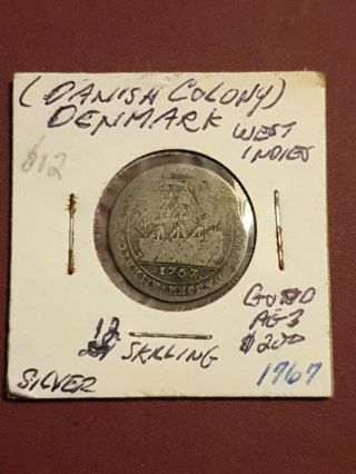 1767 Danish West Indies 12 Skilling Silver Coin,  Rare,  Antique, .  99
