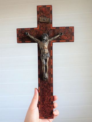 ⭐ Antique French Religious Cross,  Crucifix,  Marquetry,  19 Th Century⭐