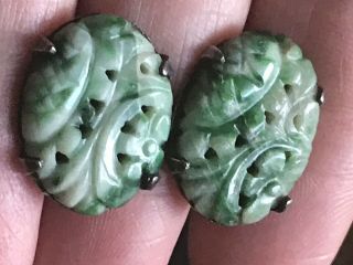 Antique Chinese Sterling Silver Carved Jade Flower Motif Screwback Earrings