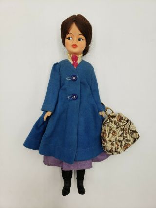 Vintage 1960s Horsman Mary Poppins 12 " Doll Blue Coat Purple Dress Handbag