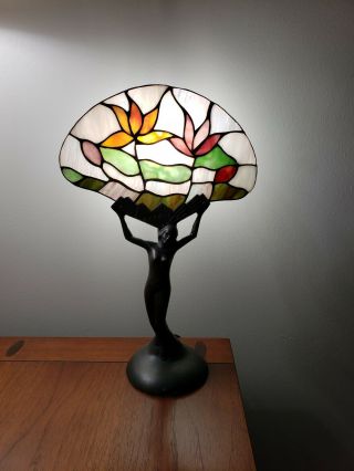 Vtg Art Deco Tiffany Style Nude Lady Table Lamp Stained Glass Fan Light