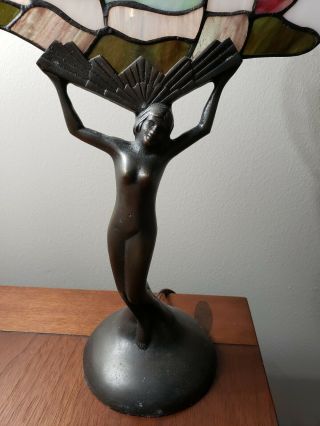 VTG Art Deco Tiffany Style Nude Lady table Lamp Stained Glass Fan light 2
