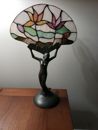 VTG Art Deco Tiffany Style Nude Lady table Lamp Stained Glass Fan light 3