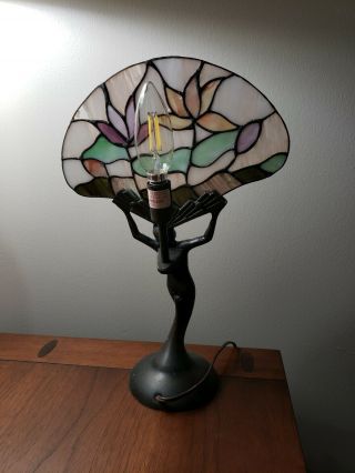 VTG Art Deco Tiffany Style Nude Lady table Lamp Stained Glass Fan light 5