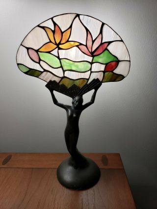 VTG Art Deco Tiffany Style Nude Lady table Lamp Stained Glass Fan light 8