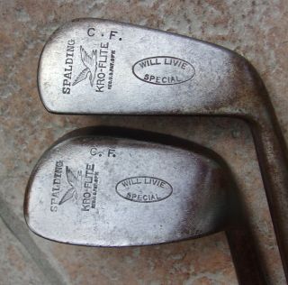 2 Antique Vintage Spalding Kro Flite Will Livie Hickory Wood Shaft Golf Clubs