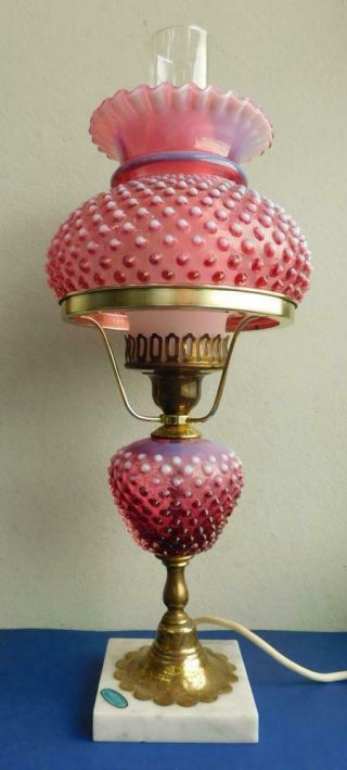 Cranberry Vaseline Hobnail Glass ‘oil Lamp’ Electric Table Lamp Fenton?