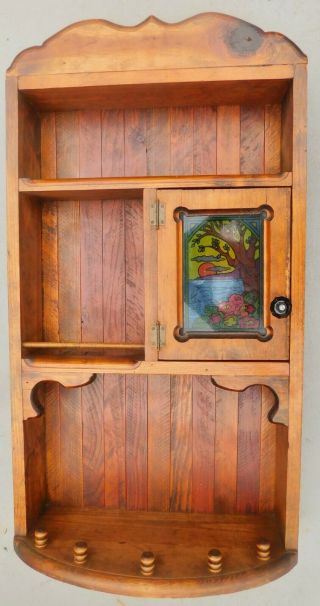 Vintage Arts And Crafts Mission Hang Wall Cabinet With Decorative Stained Glass