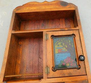 Vintage Arts and Crafts Mission hang wall cabinet with decorative stained glass 2