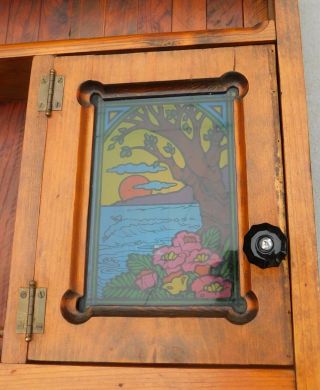 Vintage Arts and Crafts Mission hang wall cabinet with decorative stained glass 3