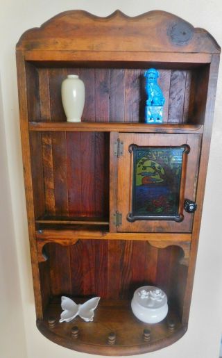 Vintage Arts and Crafts Mission hang wall cabinet with decorative stained glass 5