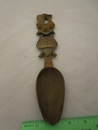 Antique Carved Black Forest Wooden Spoon Fruit And Leaves 10 1/2 "