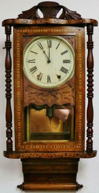 Antique American 8 Day Striking Wall Clock Walnut,  Inlaid Tunbridge Ware Decor