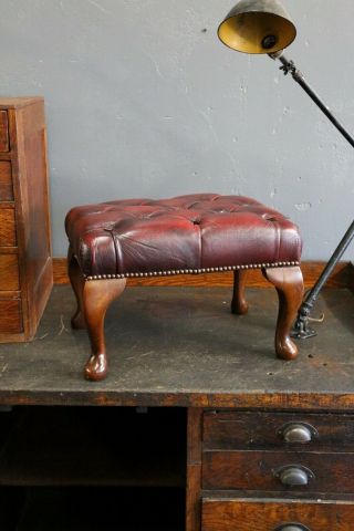 Vintage Chesterfield Sofa Chair Tufted Button Red Leather Foot Rest Foot Stool