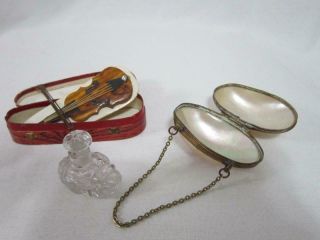 3 Antique Items Tiny Violin In Case,  Miniature Perfume Bottle,  Tiny Shell Purse