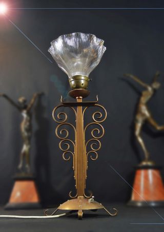 Edwardian 1910 Bronze Table Lamp Cup Gallery Prismatic Holophane Shade