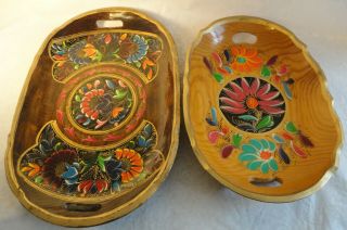 2 Vintage Mexican Tole Painted Hand Painted Folk Art Wood Serving Platters Trays