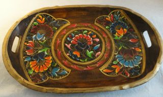 2 Vintage Mexican TOLE PAINTED Hand Painted Folk Art WOOD SERVING PLATTERS Trays 2