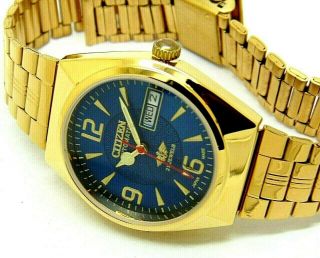 Citizen Automatic Mens Gold Plated Blue Dial Day&date Vintage Japan Watch Run