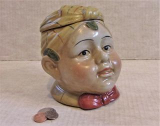 Antique Stoneware Tobacco Jar,  Head Of Boy W/ Turban & Bowtie,  Humidor