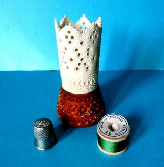 Antique Sewing Pierced Cow Bone & Tagua Nut,  Thimble/spool Holder.