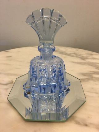 Antique Vintage Czech Cut Glass Crystal Blue Perfume Bottle W/ Stopper