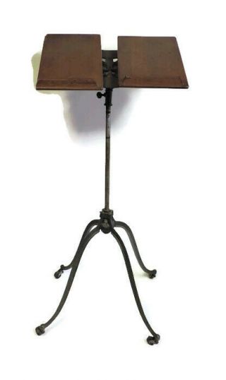 Antique 1890s Cast Iron Wood Music Book Stand Adjustable Victorian W/ Casters