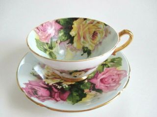 Stanley Bone China Tea Cup And Saucer Large Cabbage Roses On Light Blue