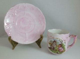 Vtg/ Antique GERMANY Pink Luster Child ' s Porcelain Cup & Saucer - Girl and Dog 2