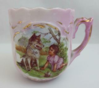 Vtg/ Antique GERMANY Pink Luster Child ' s Porcelain Cup & Saucer - Girl and Dog 3