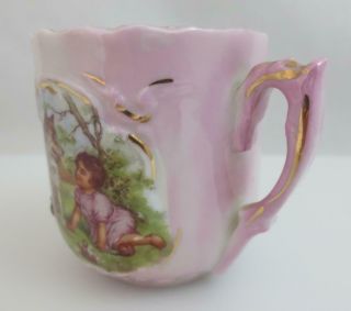 Vtg/ Antique GERMANY Pink Luster Child ' s Porcelain Cup & Saucer - Girl and Dog 4