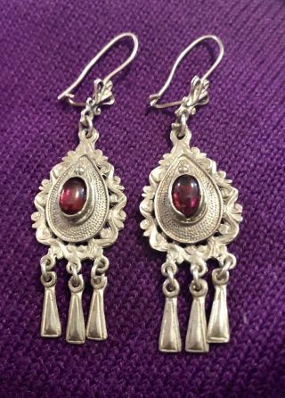 Antique Ethnic Sterling Silver 925 375 Garnet Dangly Earrings
