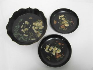 3 Antique Black Lacquer Bowls With Hand Painted Flowers & Butterflies