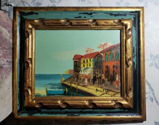 Antique Vintage Wood Frame Painting Italy Signed Nautical Distressed Art Venice?