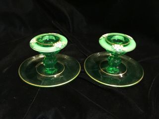 Green Glass Antique Uranium Glass Candlesticks Holders Enameled Painted Flowers