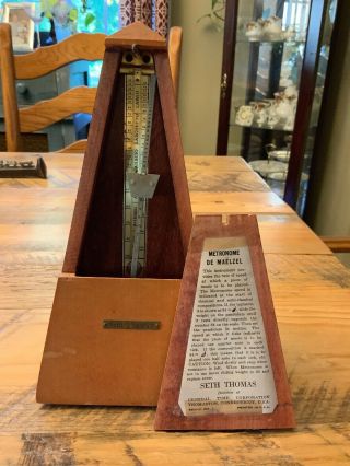 Vintage Seth Thomas Metronome De Maelzel Wood Case Wind Up Great 9405