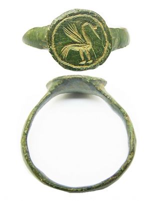 14th - 15th Century Excavated Medieval Bronze Signet Ring Of A Wise Heron Size 11