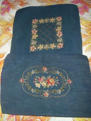 2 Vtg Antique Preworked Completed Needlepoint Canvas Blue Floral Pillow Covers