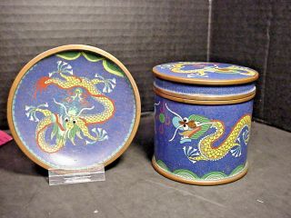 Antique Chinese Cloisonne Round Box With Dragon & Matching Dish