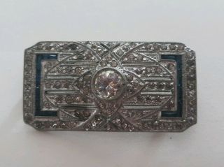 Antique Art Deco Blue Clear Rhinestones Ornate Silver Tone Brooch Pin 2