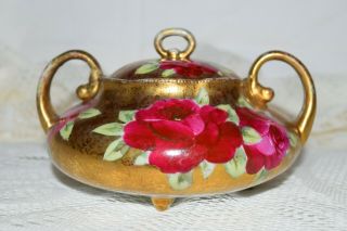 Antique Nippon Royal Kinran Gold Gild Red Roses Footed Sugar Bowl Hand Painted C