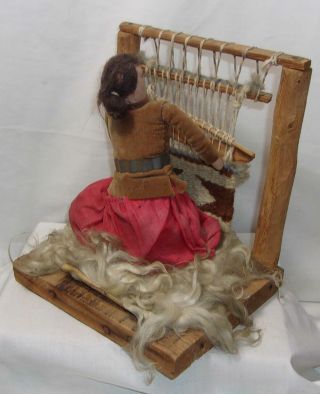 Vintage Indian Woman Cloth Doll With Weaving Loom & Rug