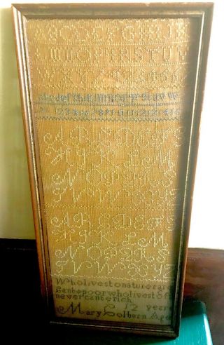 American Sampler Mary Colburn Age 12 19th Ct? Alphabet Numbers Quote 17.  5 X 7.  5 "