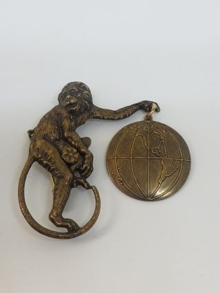 Jan Michaels Antique Brass Monkey with Dangle World Globe Pin Brooch Made in USA 2