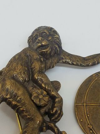 Jan Michaels Antique Brass Monkey with Dangle World Globe Pin Brooch Made in USA 3
